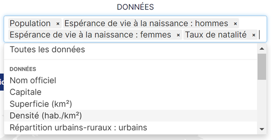 Utiliser Data Pays, étape 2 : choisissez ensuite les donénes à comparer