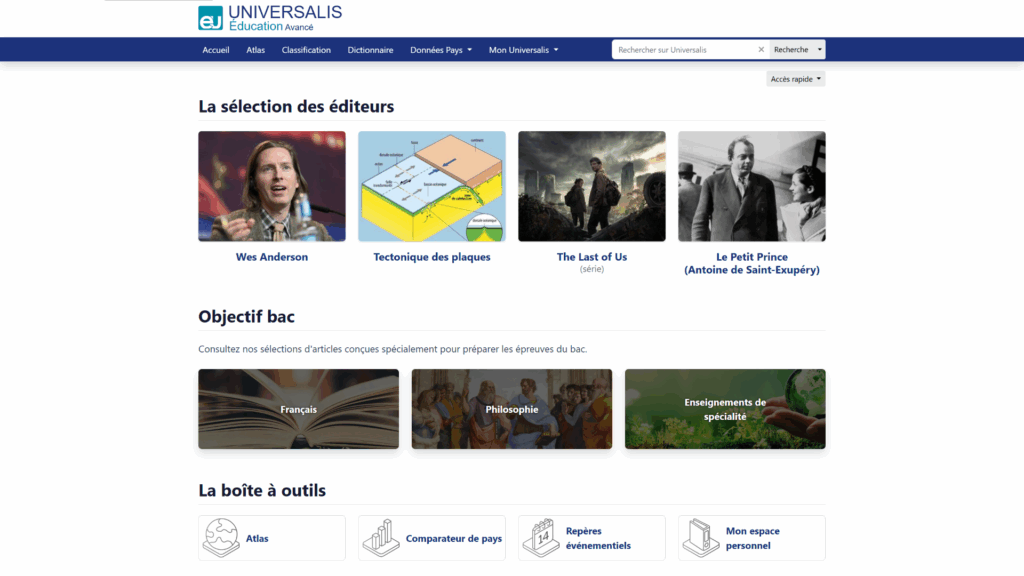 Universalis Education - page d'accueil du niveau Avancé